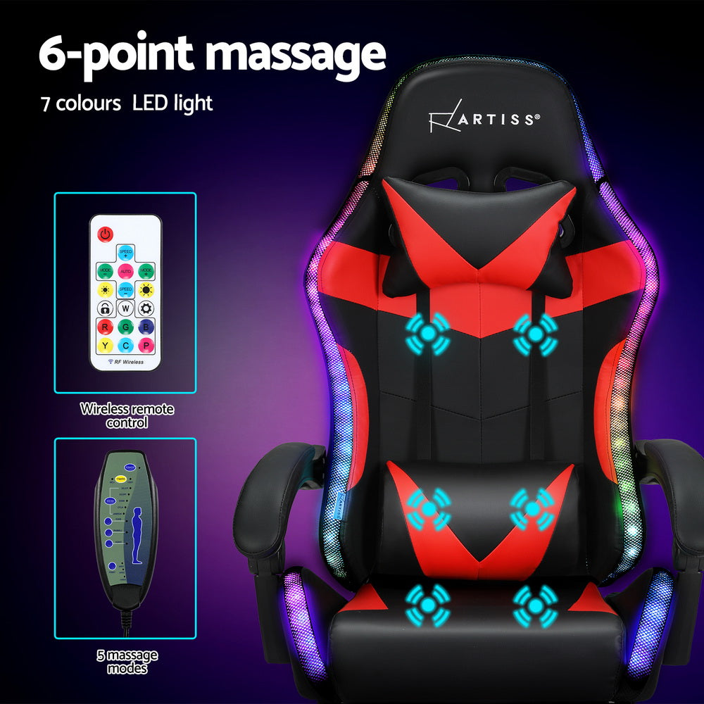 Artiss 6 Point Massage Gaming Office Chair 7 LED Footrest Red Artiss