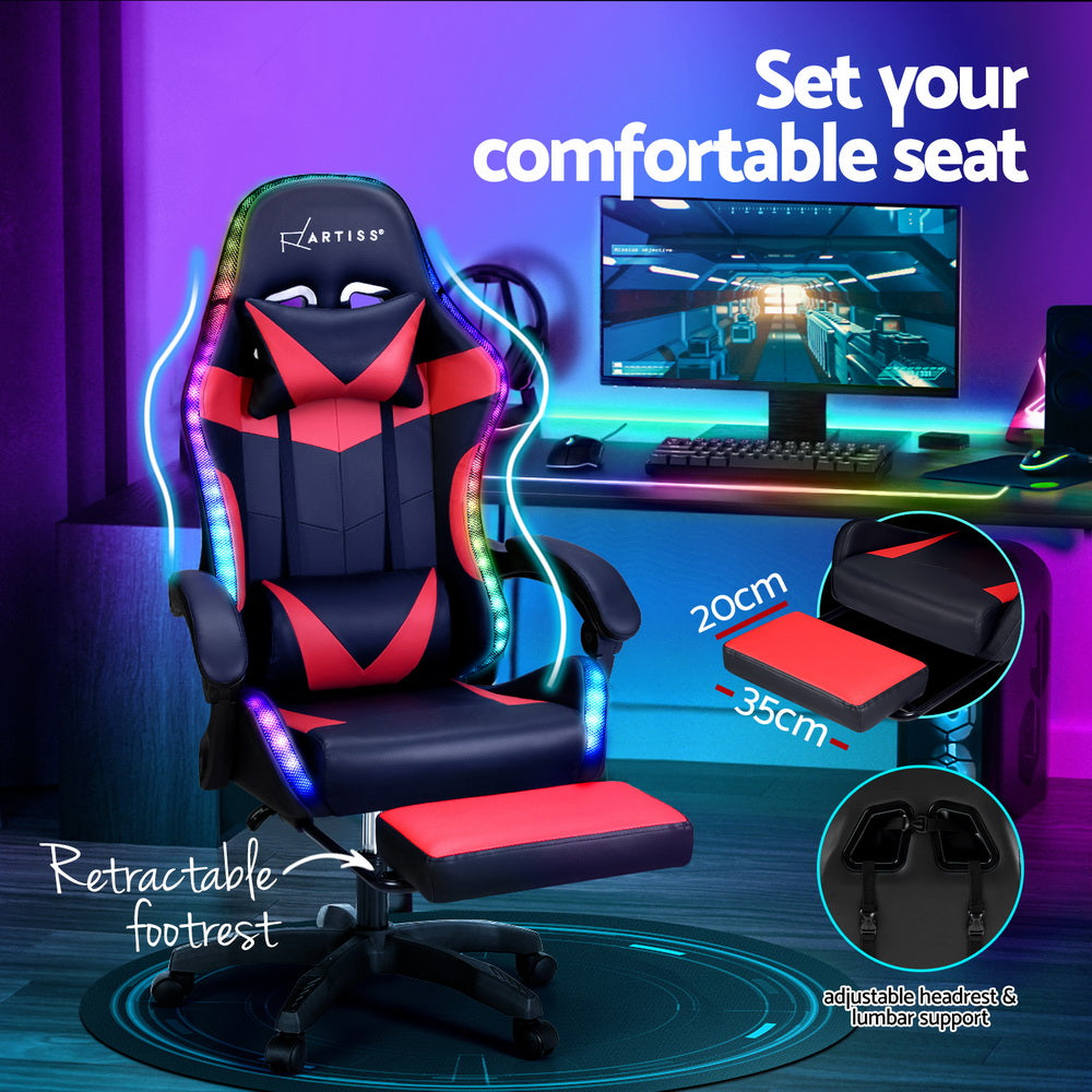 Artiss 6 Point Massage Gaming Office Chair 7 LED Footrest Red Artiss