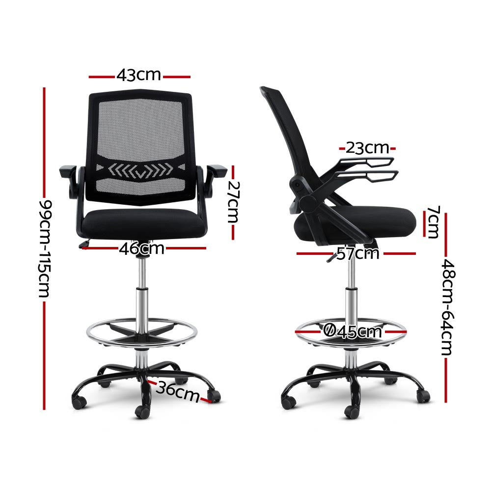 Artiss Office Chair Veer Drafting Stool Mesh Chairs Flip Up Armrest Black Artiss