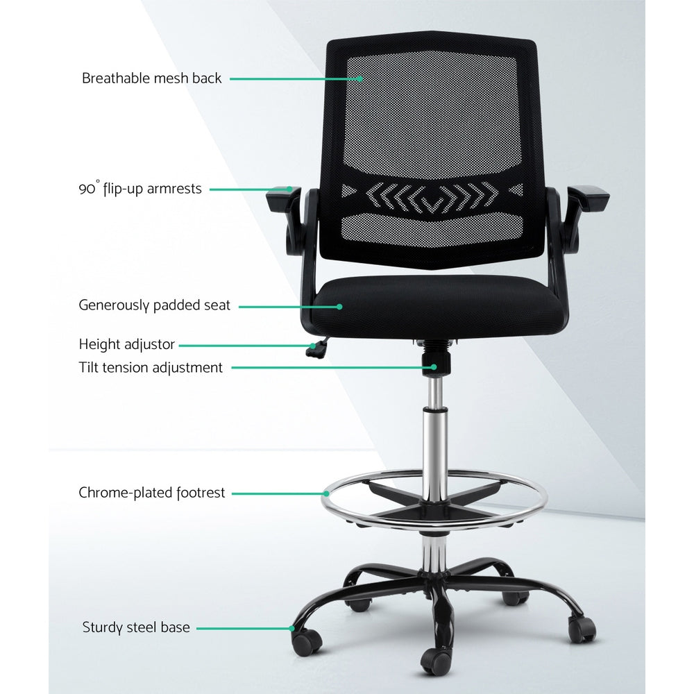 Artiss Office Chair Veer Drafting Stool Mesh Chairs Flip Up Armrest Black Artiss