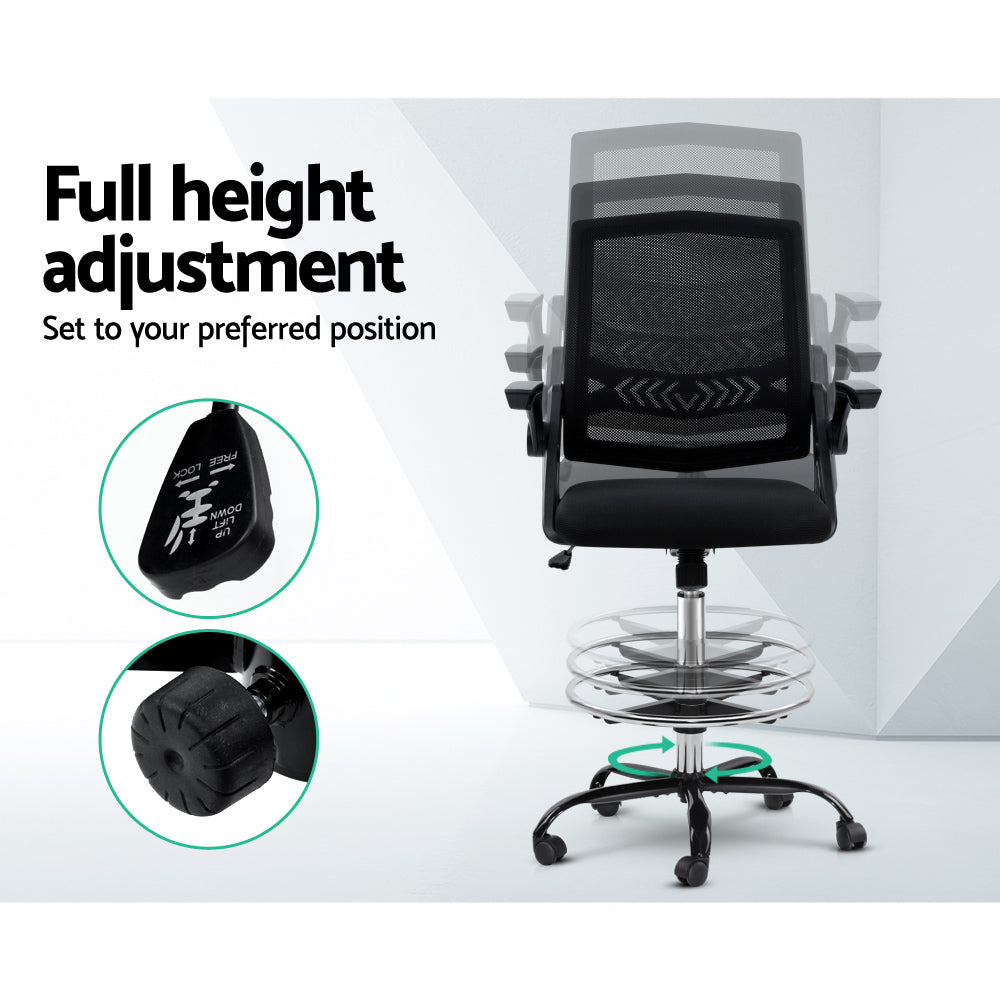 Artiss Office Chair Veer Drafting Stool Mesh Chairs Flip Up Armrest Black Artiss