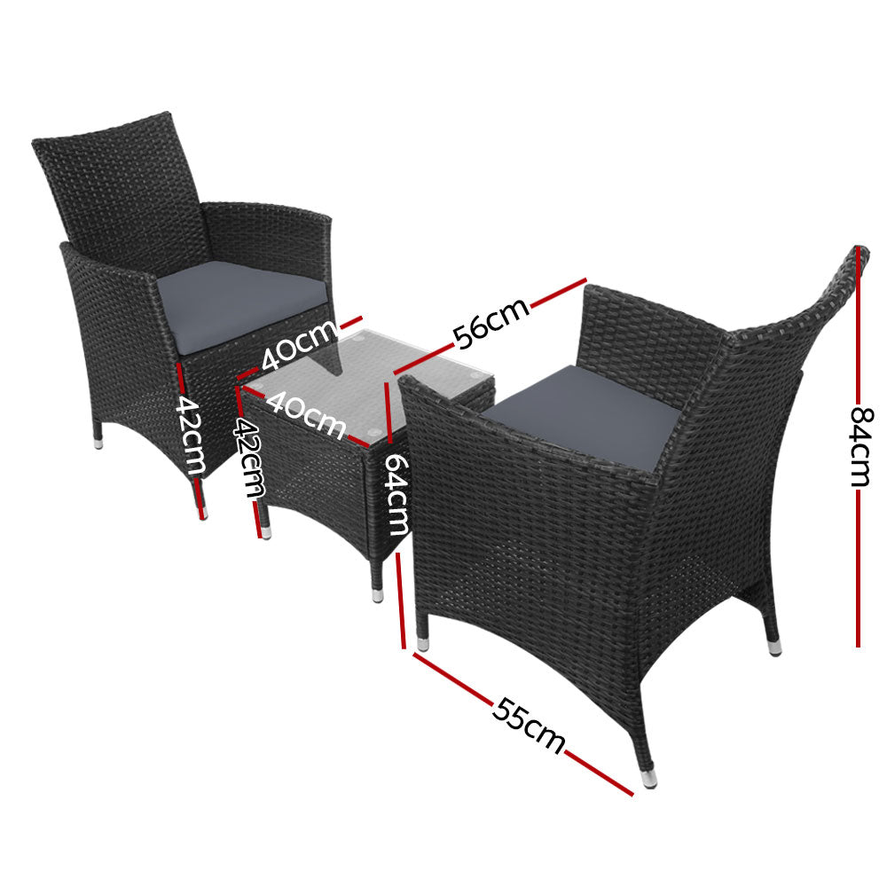 Gardeon 3 Piece Wicker Outdoor Furniture Set - Black freeshipping - Awezingly