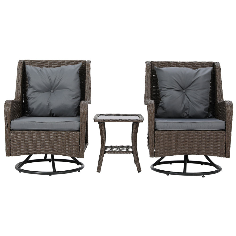 Gardeon Outdoor Chairs Patio Furniture Lounge Setting 3 Pcs Wicker Swivel Chair Table Bistro Set Gardeon