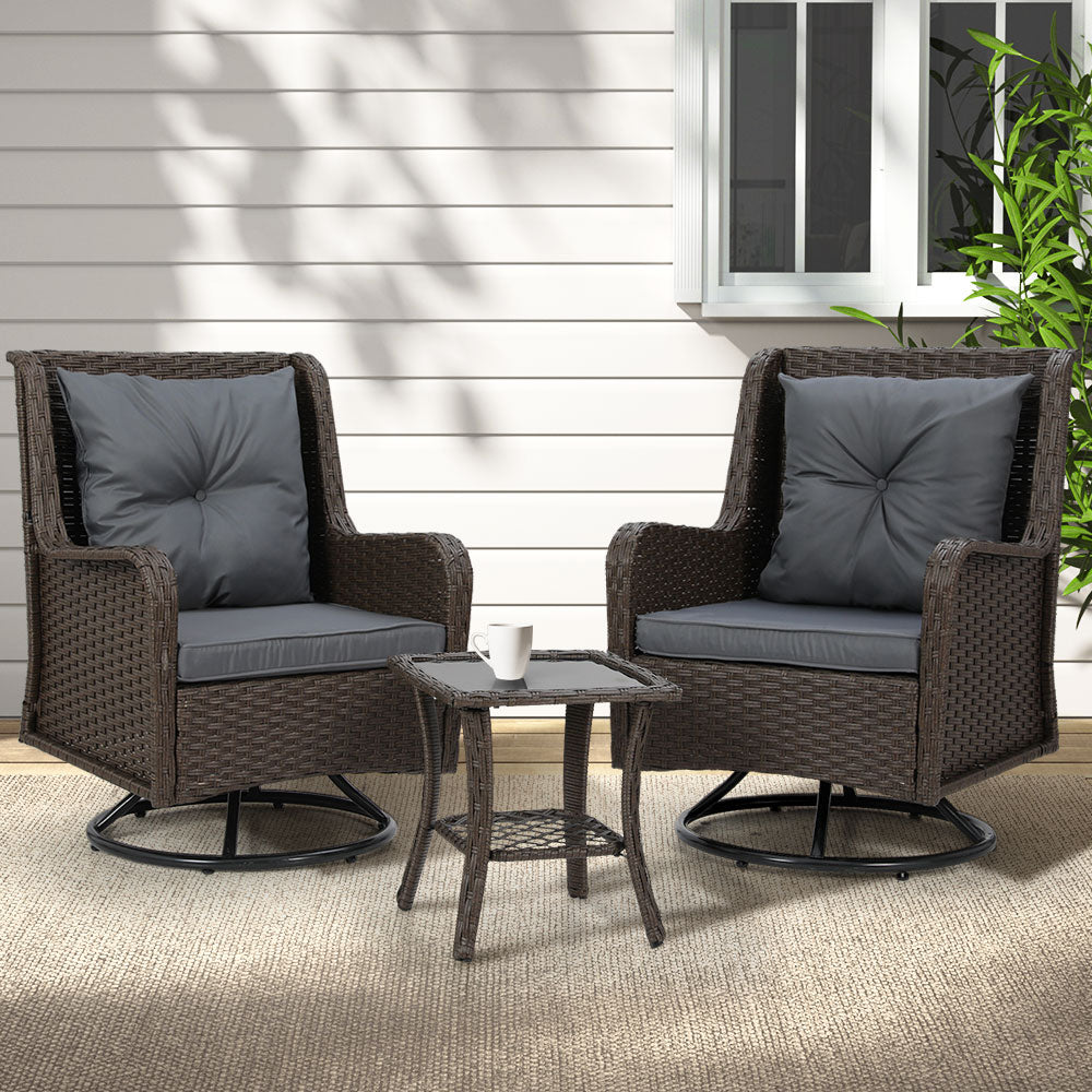 Gardeon Outdoor Chairs Patio Furniture Lounge Setting 3 Pcs Wicker Swivel Chair Table Bistro Set Gardeon
