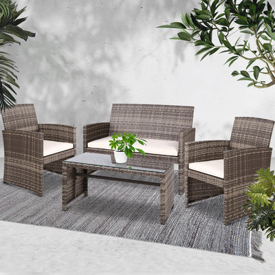 Gardeon 4 PCS Outdoor Sofa Set Rattan Chair Table Setting Garden Furniture Grey