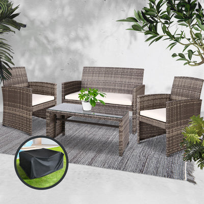 Gardeon 4 PCS Outdoor Sofa Set with Storage Cover Rattan Chair Furniture Grey