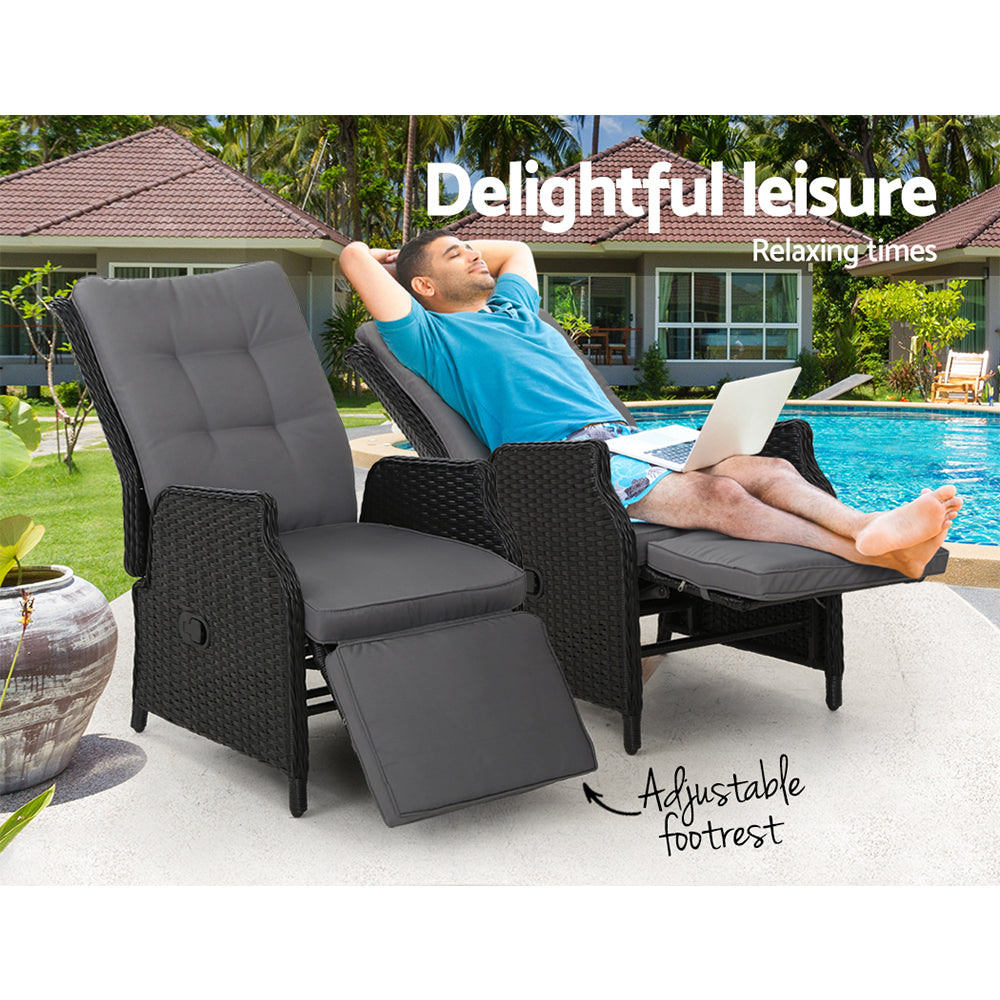 Gardeon Recliner Chairs Sun lounge Outdoor Furniture Setting Patio Wicker Sofa Black 2pcs freeshipping - Awezingly
