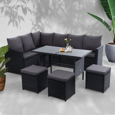 Gardeon Outdoor Furniture Dining Setting Sofa Set Lounge Wicker 9 Seater Black