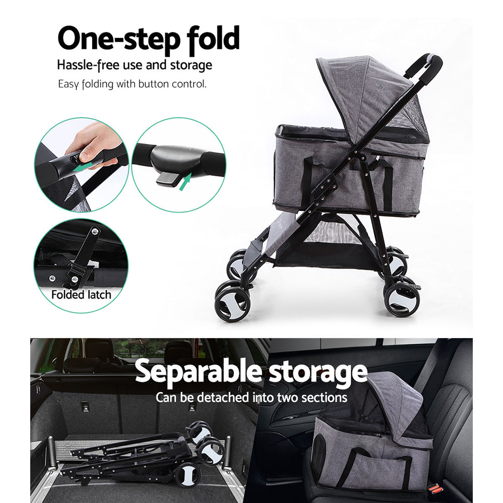 i.Pet Pet Stroller Dog Carrier Foldable Pram 3 IN 1 Middle Size Grey freeshipping - Awezingly