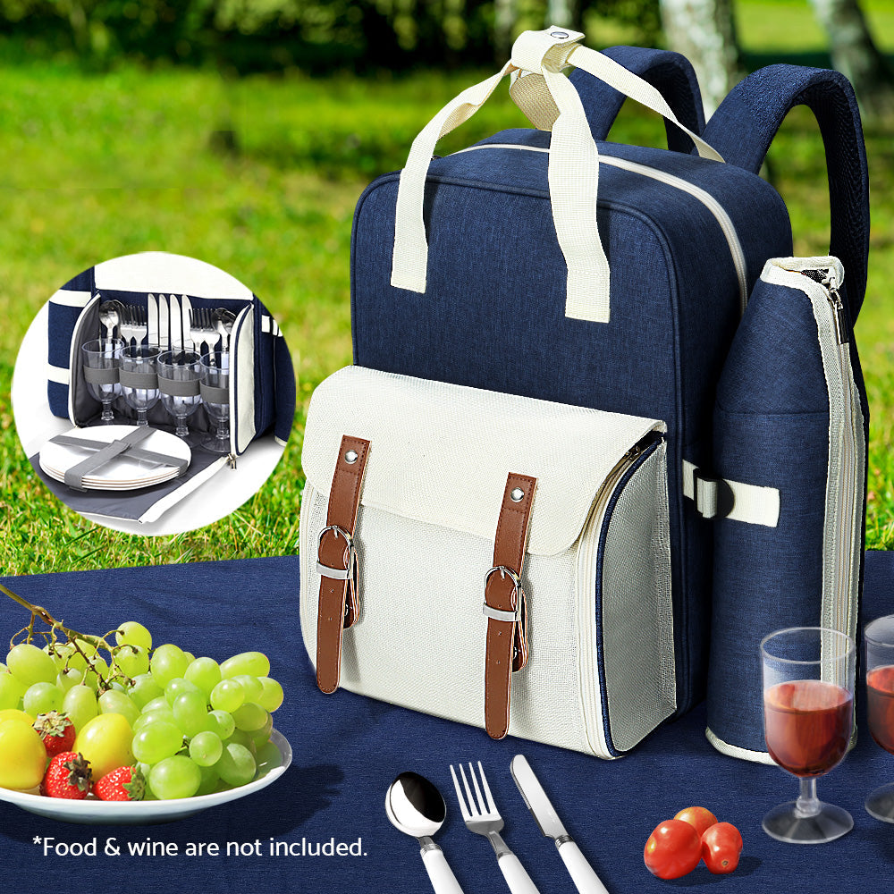 Alfresco Picnic Basket Backpack Set Cooler Bag 4 Person Outdoor Liquor Blue Alfresco