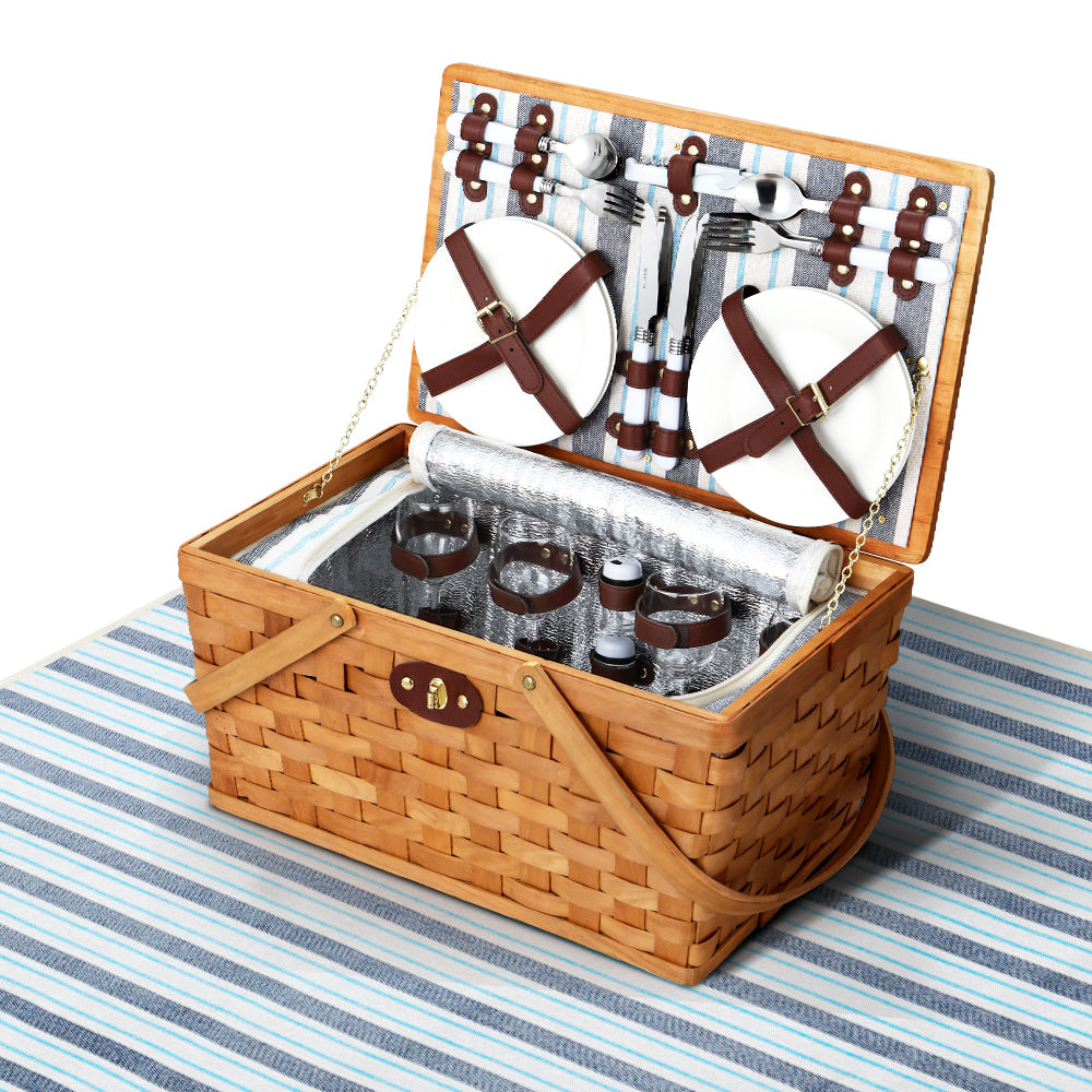 Alfresco Picnic Basket Set Wooden Cooler Bag 4 Person Outdoor Insulated Liquor Alfresco