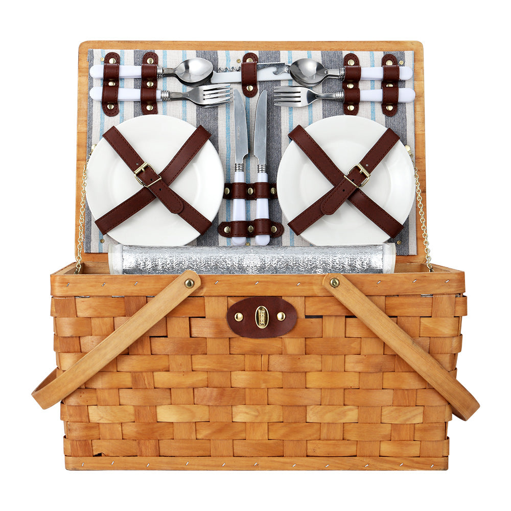 Alfresco Picnic Basket Set Wooden Cooler Bag 4 Person Outdoor Insulated Liquor Alfresco