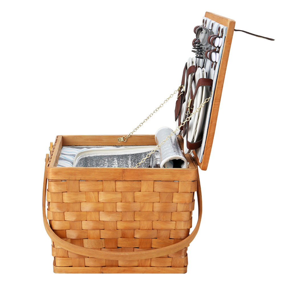 Alfresco Picnic Basket Set Wooden Cooler Bag 4 Person Outdoor Insulated Liquor Alfresco