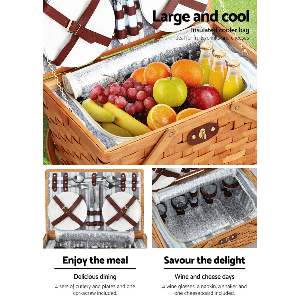Alfresco Picnic Basket Set Wooden Cooler Bag 4 Person Outdoor Insulated Liquor Alfresco
