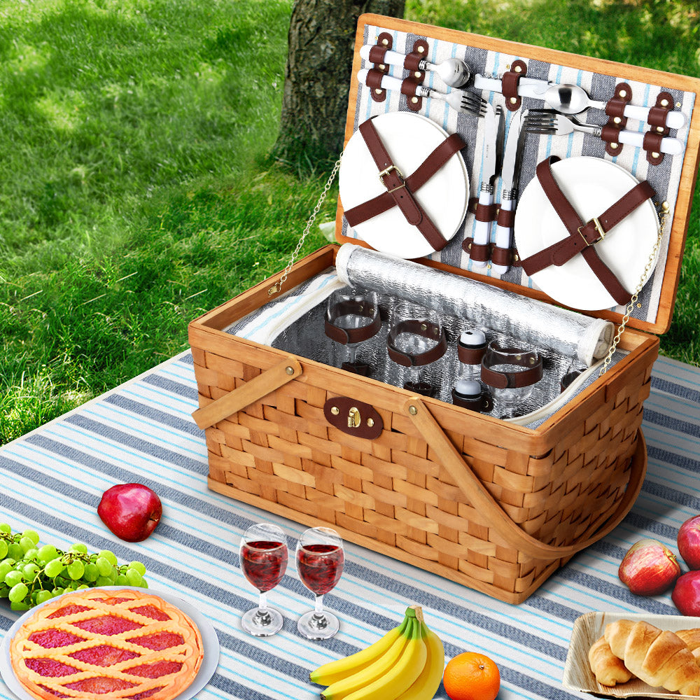 Alfresco Picnic Basket Set Wooden Cooler Bag 4 Person Outdoor Insulated Liquor Alfresco