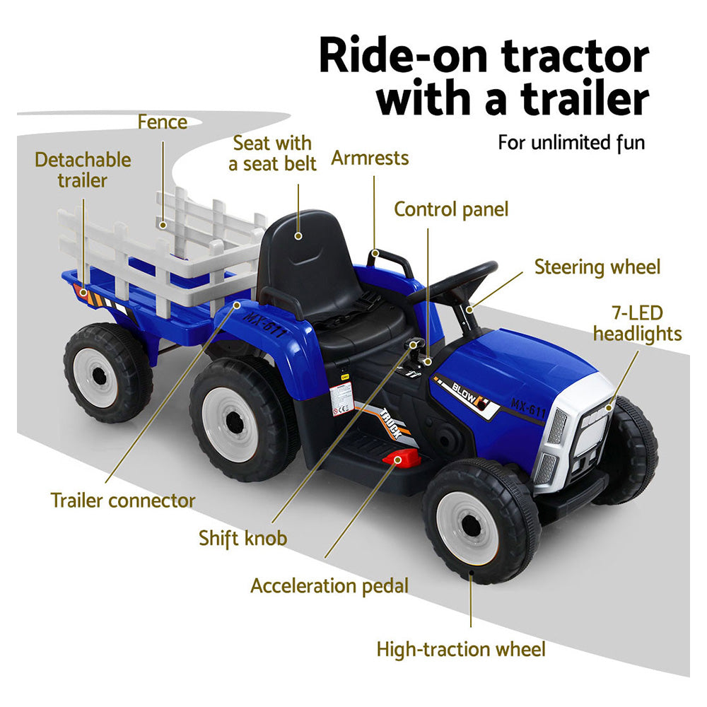 Rigo Ride On Car Tractor Trailer Toy Kids Electric Cars 12V Battery Blue RIGO
