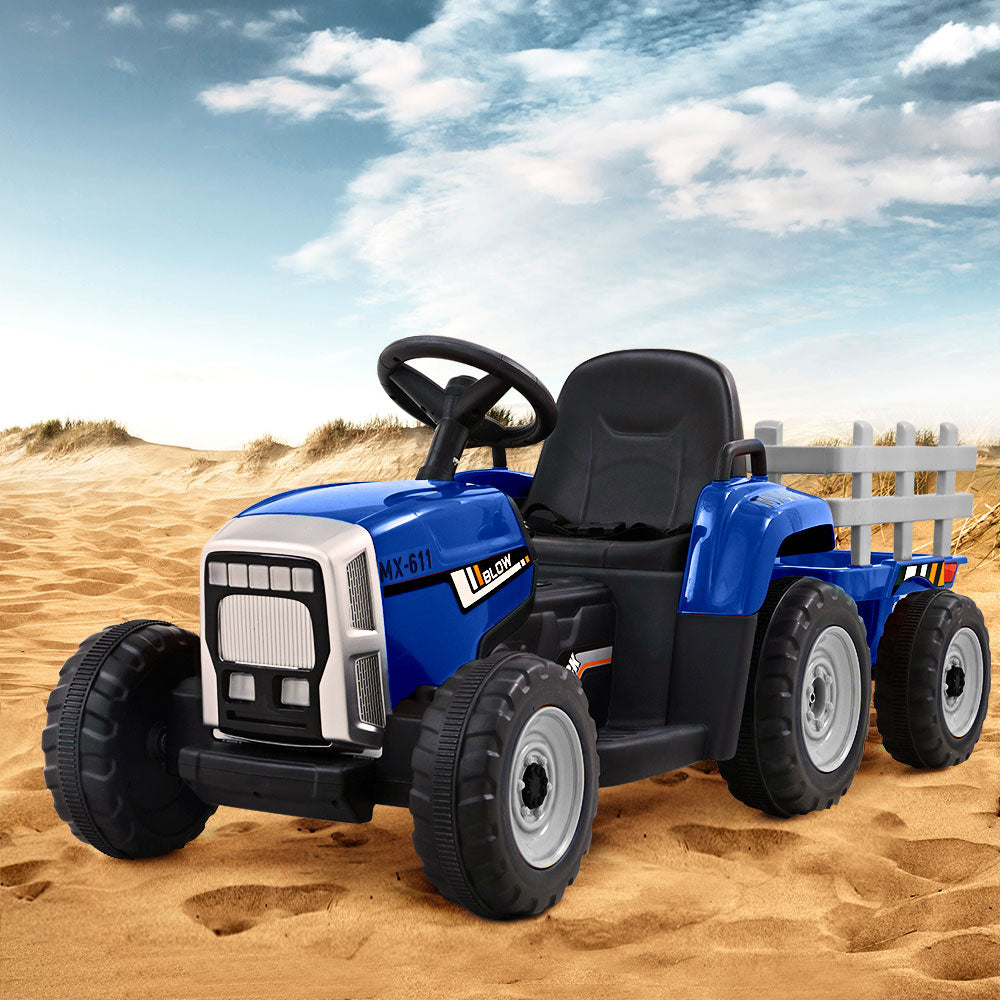 Rigo Ride On Car Tractor Trailer Toy Kids Electric Cars 12V Battery Blue RIGO