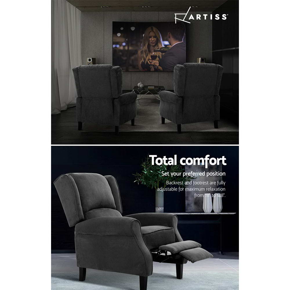 Artiss Recliner Chair Adjustable Sofa Lounge Soft Suede Armchair Couch Charcoal freeshipping - Awezingly