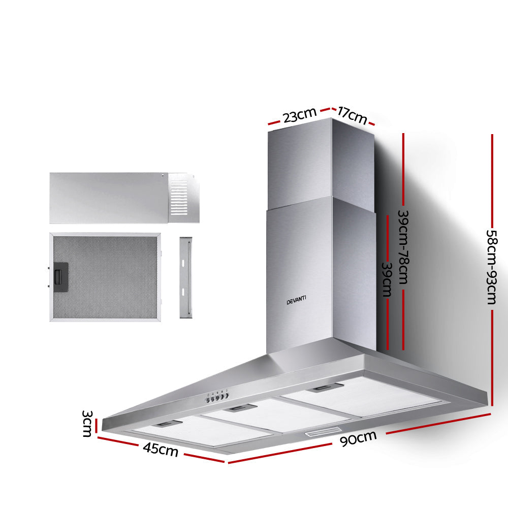 Devanti Range Hood 90cm 900mm Kitchen Canopy Stainless Steel Rangehood Wall Mount Devanti