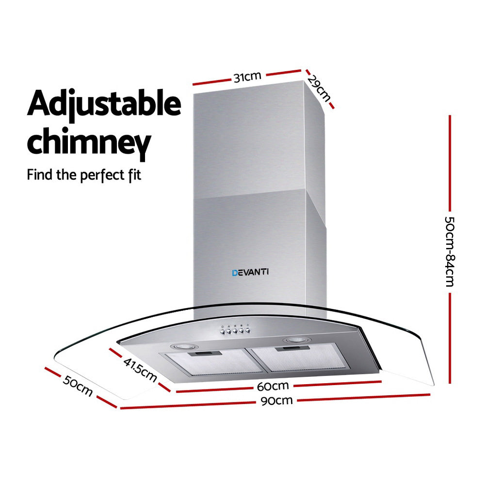 Devanti Range Hood 900mm Rangehood Kitchen Stainless Glass Canopy 90cm Devanti