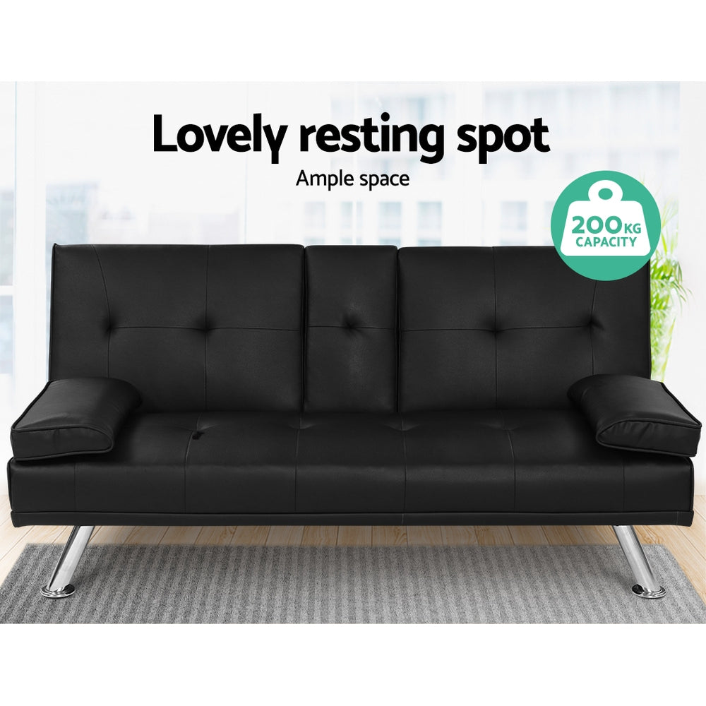 Artiss Sofa Bed Lounge Futon Couch 3 Seater Leather Cup Holder Recliner Artiss