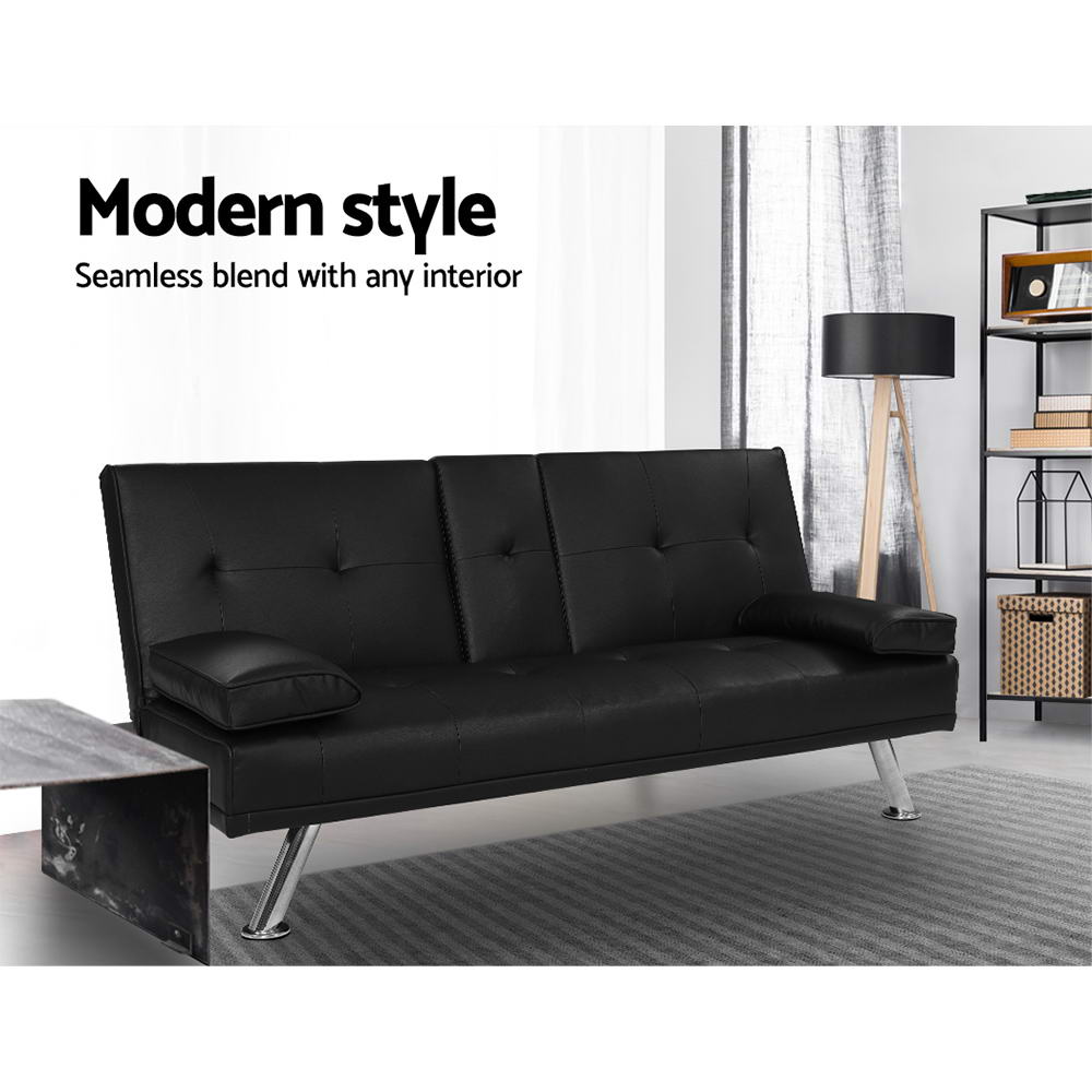Artiss Sofa Bed Lounge Futon Couch 3 Seater Leather Cup Holder Recliner Artiss