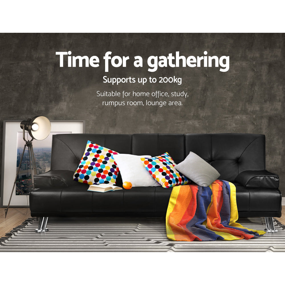 Artiss 3 Seater PU Leather Sofa Bed - Black Artiss
