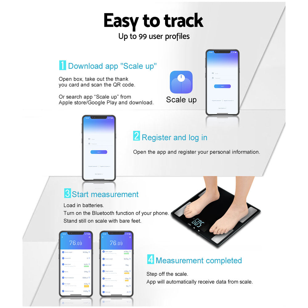 Electronic Digital Bathroom Scales Body Fat Scale Bluetooth Weight 180KG Everfit