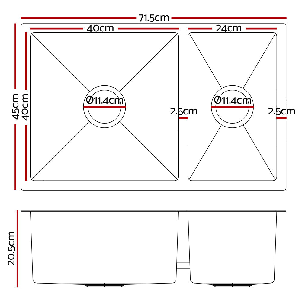 Cefito 71cm x 45cm Stainless Steel Kitchen Sink Under/Top/Flush Mount Silver Cefito