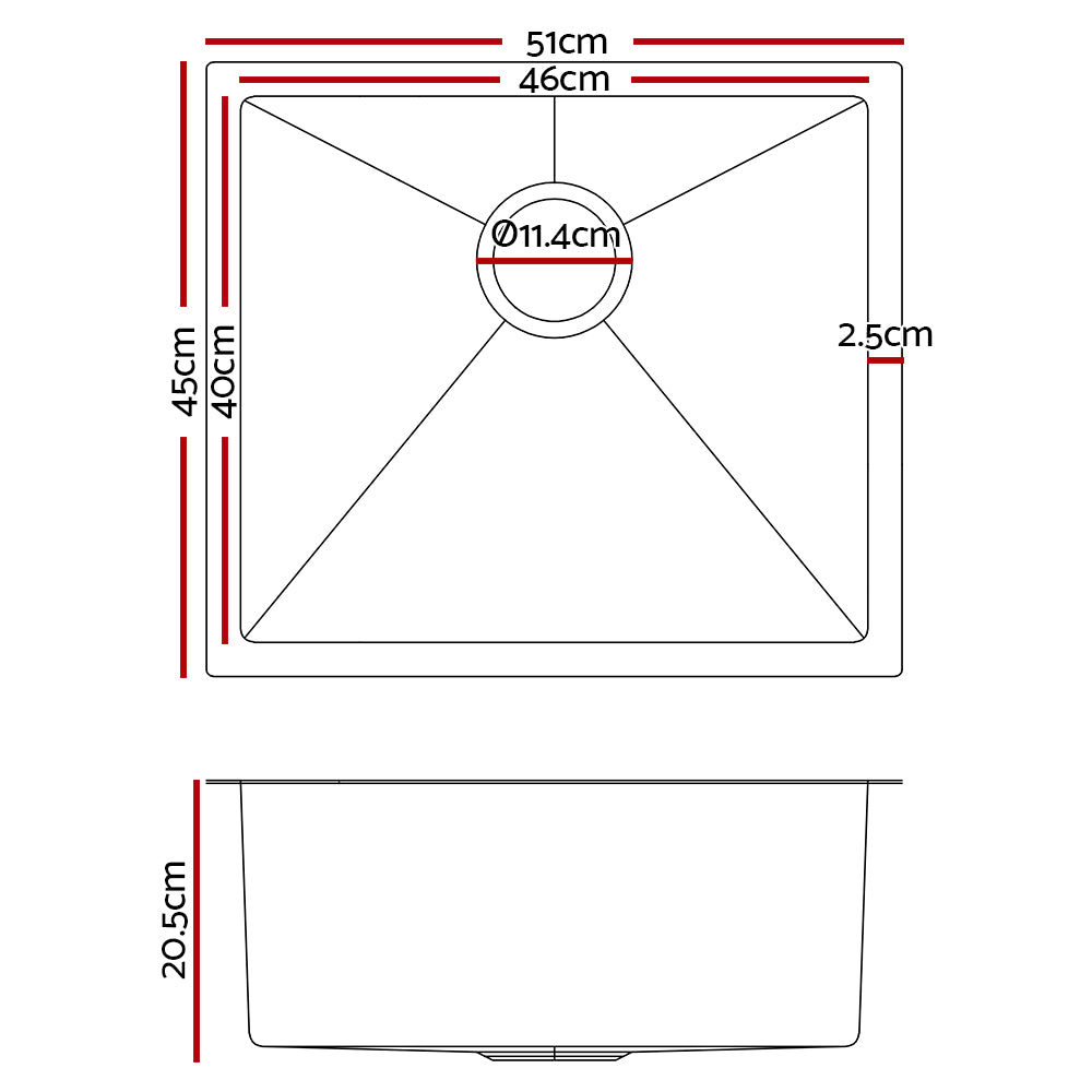 Cefito 51cm x 45cm Stainless Steel Kitchen Sink Under/Top/Flush Mount Black Cefito