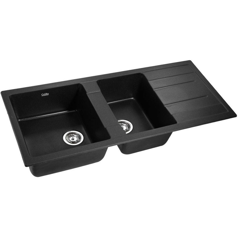 Cefito Stone Kitchen Sink 1160X500MM Granite Under/Topmount Basin Double Bowl Black freeshipping - Awezingly