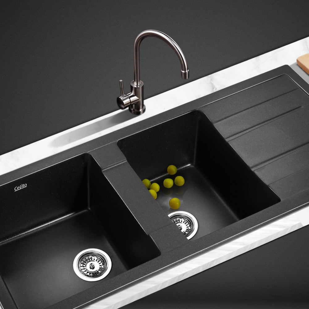 Cefito Stone Kitchen Sink 1160X500MM Granite Under/Topmount Basin Double Bowl Black freeshipping - Awezingly