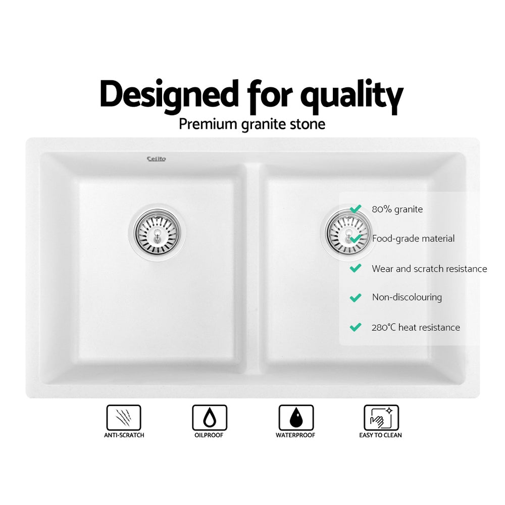Cefito Stone Kitchen Sink 790X460MM Granite Under/Topmount Basin Double Bowl White freeshipping - Awezingly