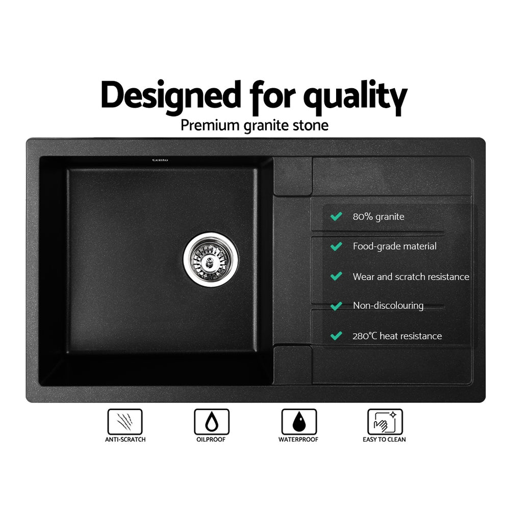 Cefito Stone Kitchen Sink 860X500MM Granite Under/Topmount Basin Bowl Laundry Black freeshipping - Awezingly