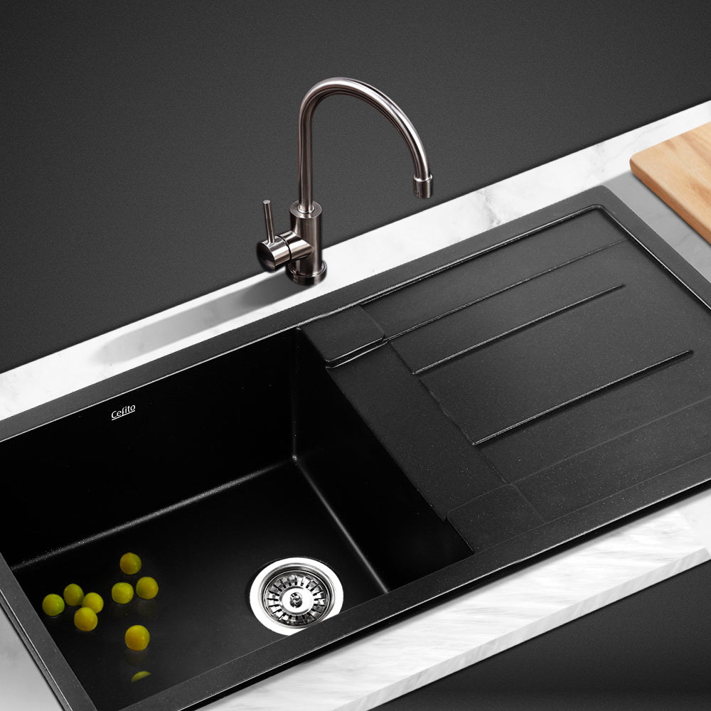 Cefito Stone Kitchen Sink 860X500MM Granite Under/Topmount Basin Bowl Laundry Black freeshipping - Awezingly