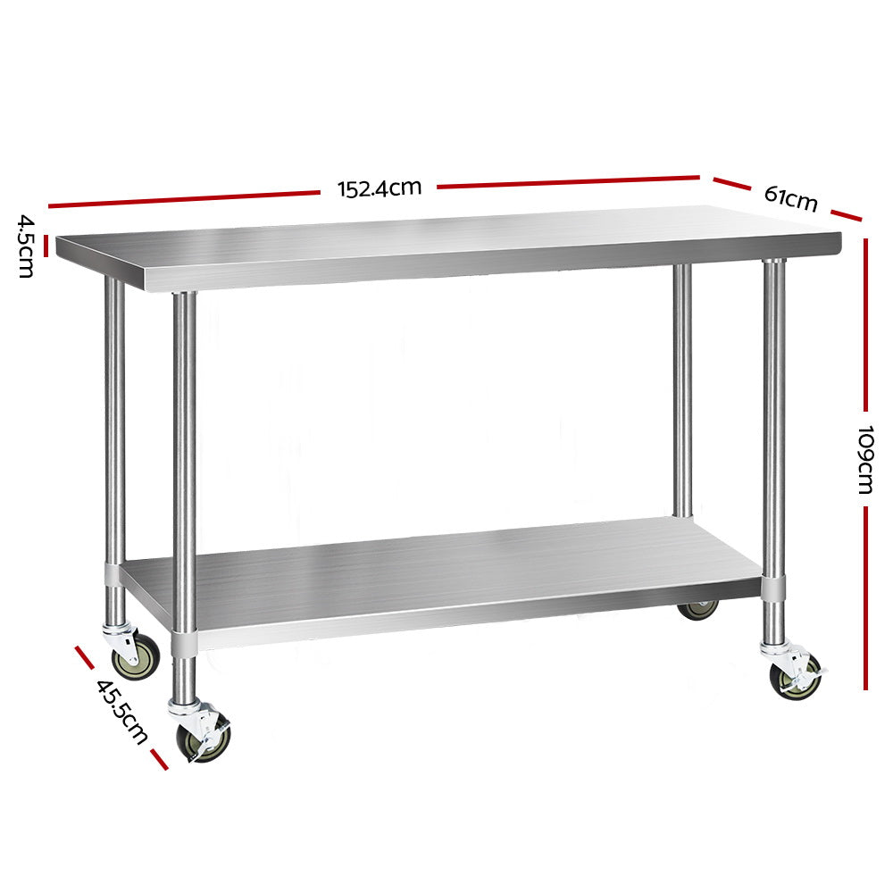 Cefito 430 Stainless Steel Kitchen Benches Work Bench Food Prep Table with Wheels 1524MM x 610MM freeshipping - Awezingly