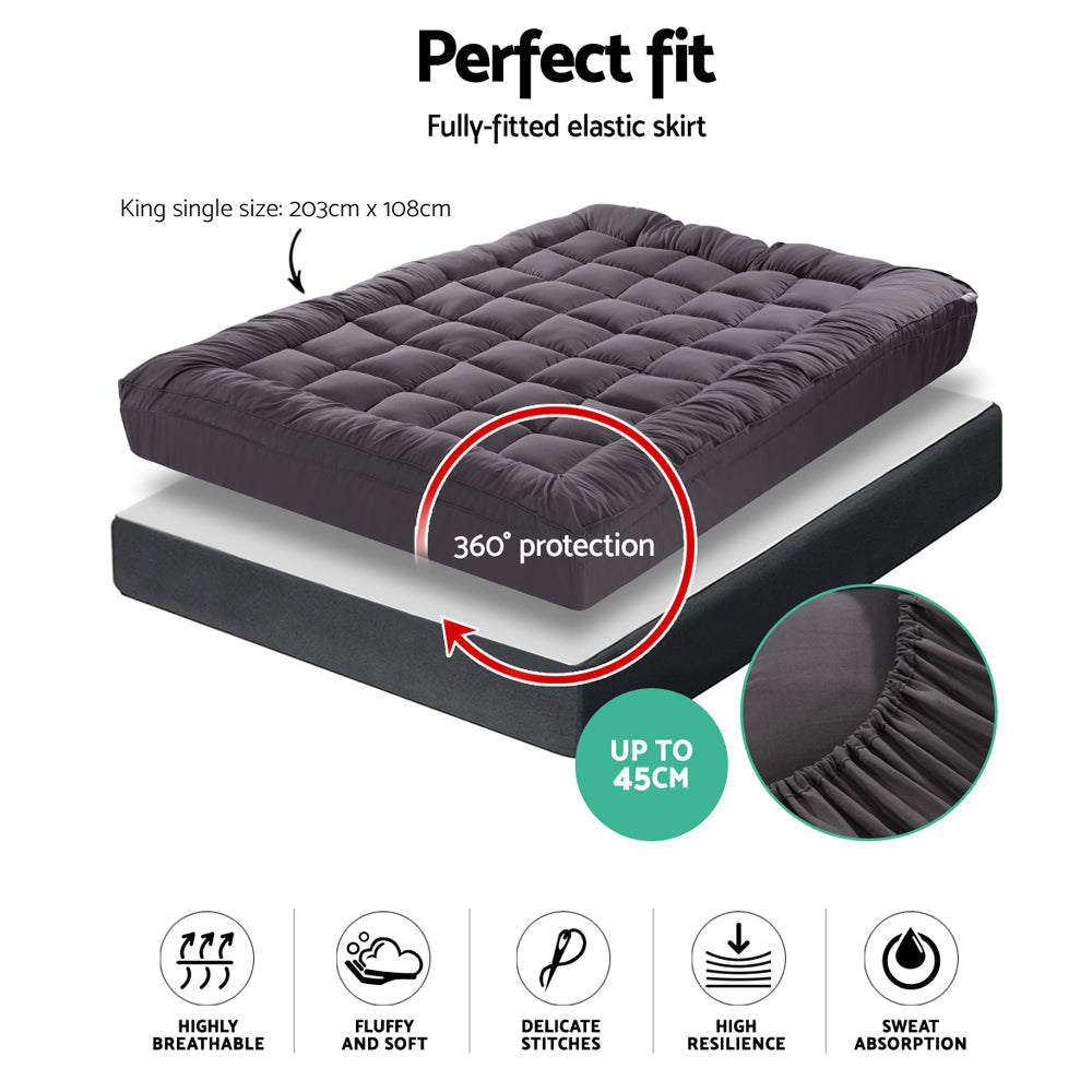 Giselle King Single Mattress Topper Pillowtop 1000GSM Charcoal Microfibre Bamboo Fibre Filling Protector Giselle Bedding