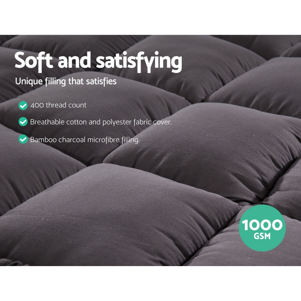 Giselle King Single Mattress Topper Pillowtop 1000GSM Charcoal Microfibre Bamboo Fibre Filling Protector Giselle Bedding