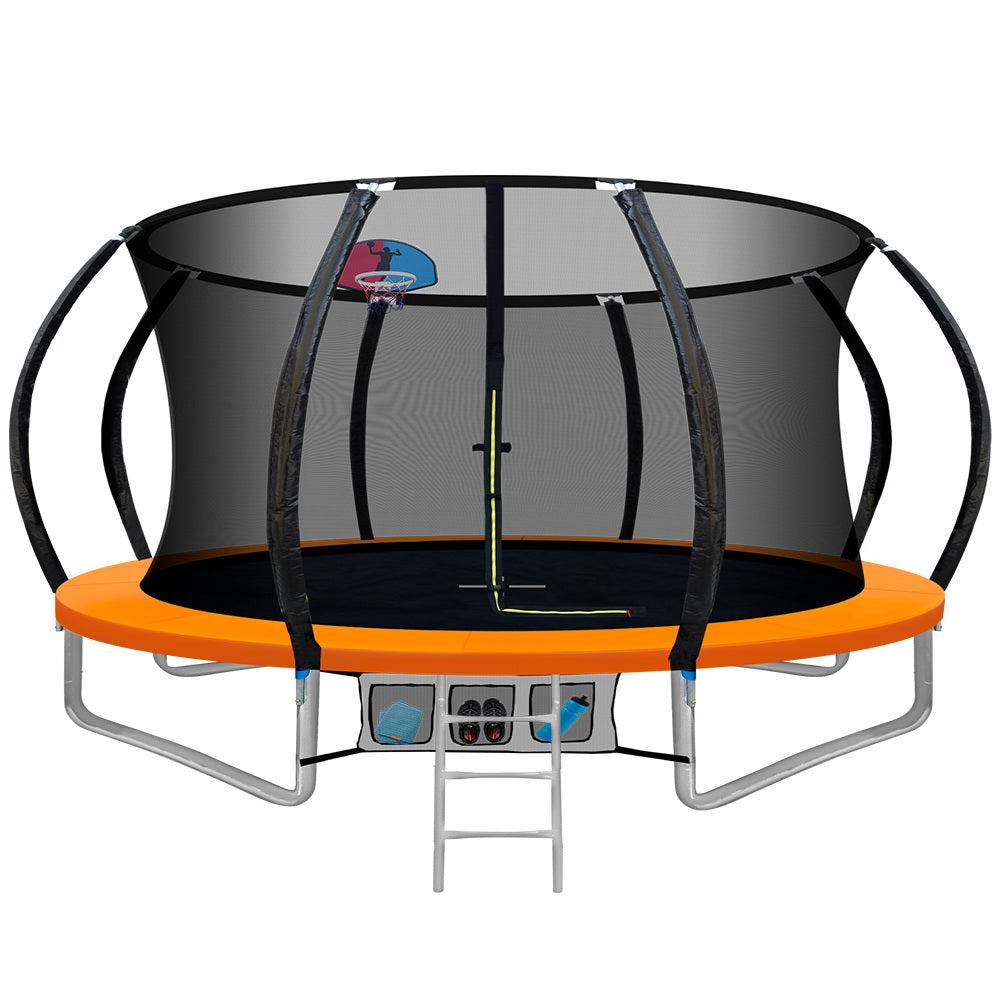 12FT Trampoline Round Trampolines With Basketball Hoop Kids Present Gift Enclosure Safety Net Pad Outdoor Orange freeshipping - Awezingly