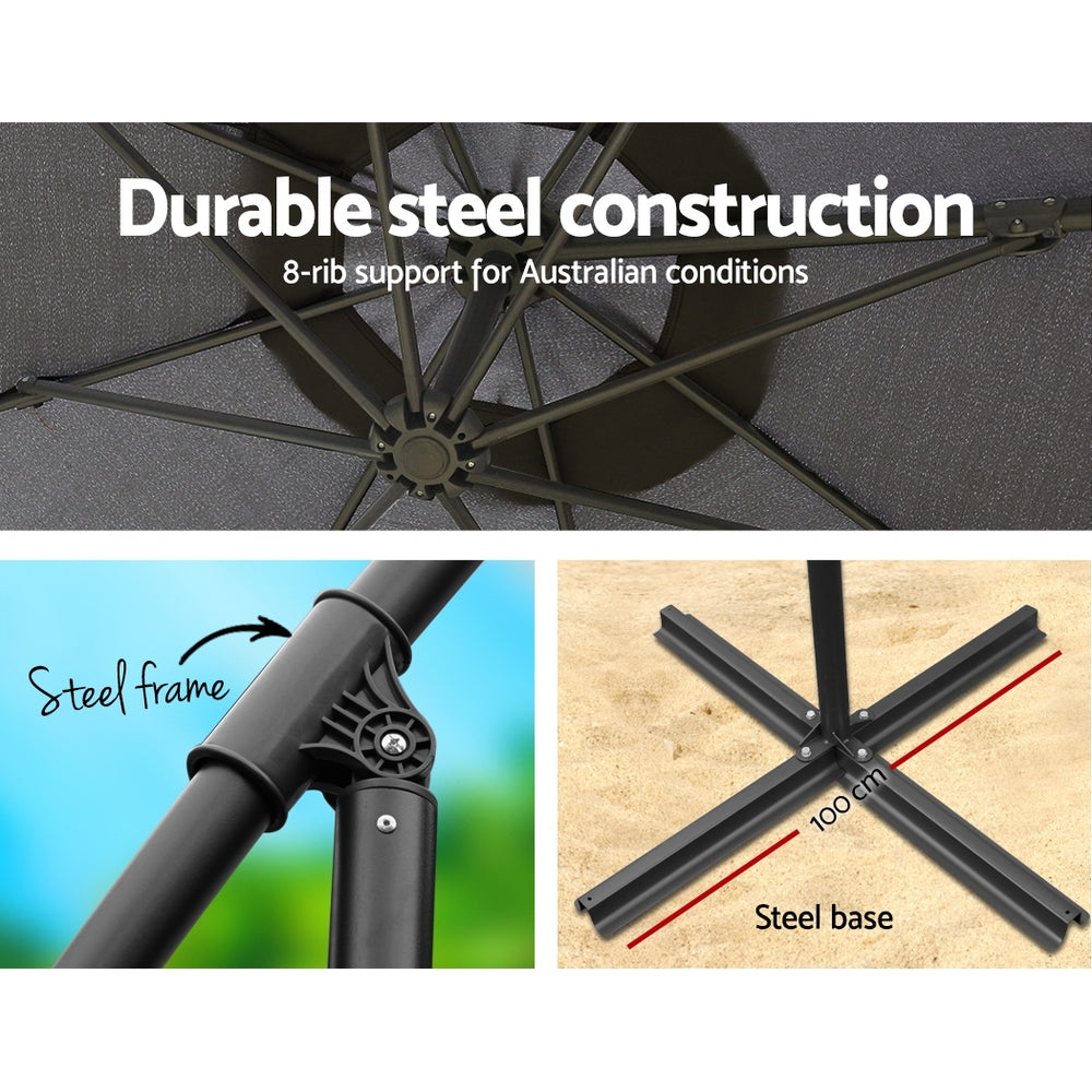 Instahut 3M Umbrella with 50x50cm Base Outdoor Umbrellas Cantilever Sun Stand UV Garden Charcoal freeshipping - Awezingly