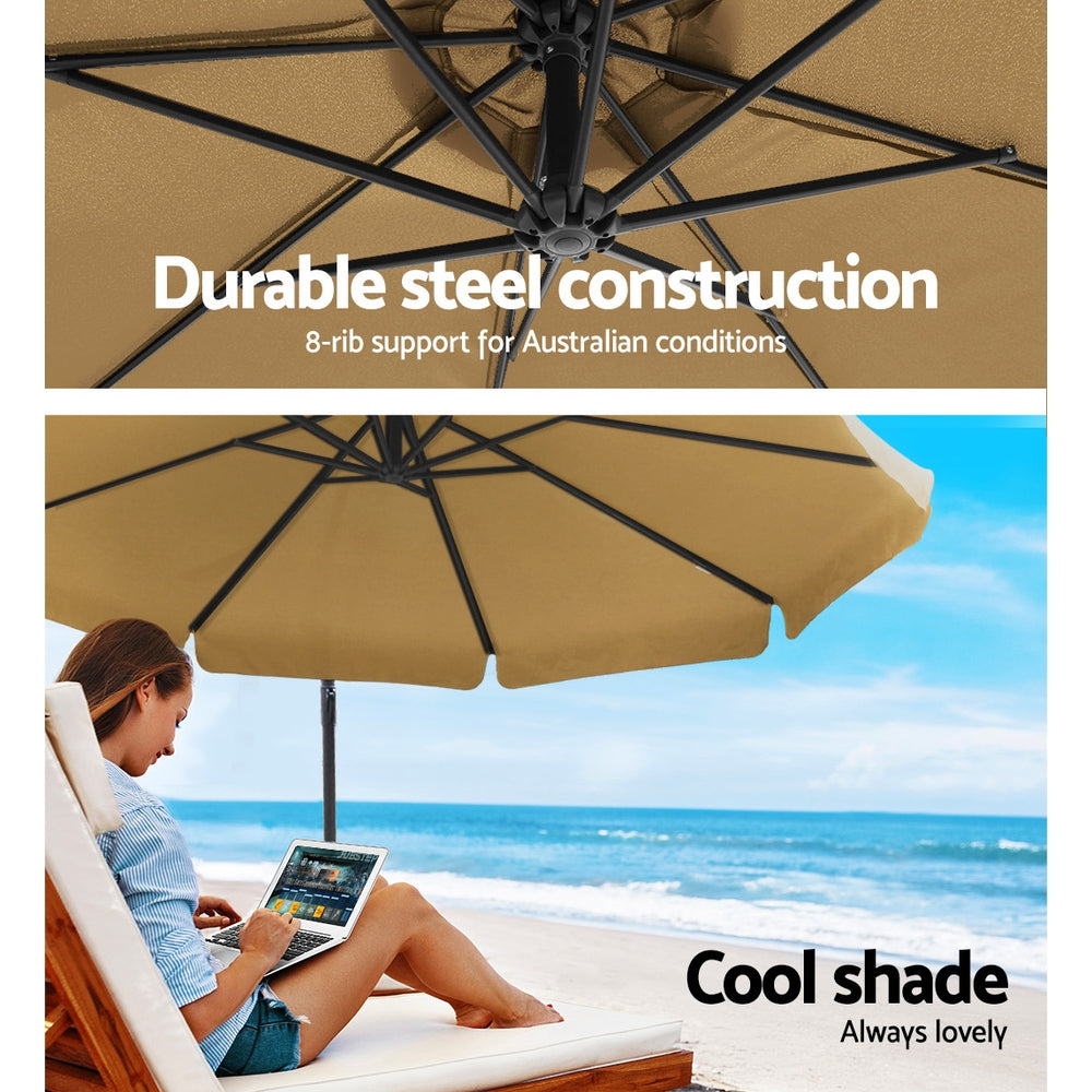 Instahut 3M Umbrella with 48x48cm Base Outdoor Umbrellas Cantilever Sun Beach UV Beige freeshipping - Awezingly