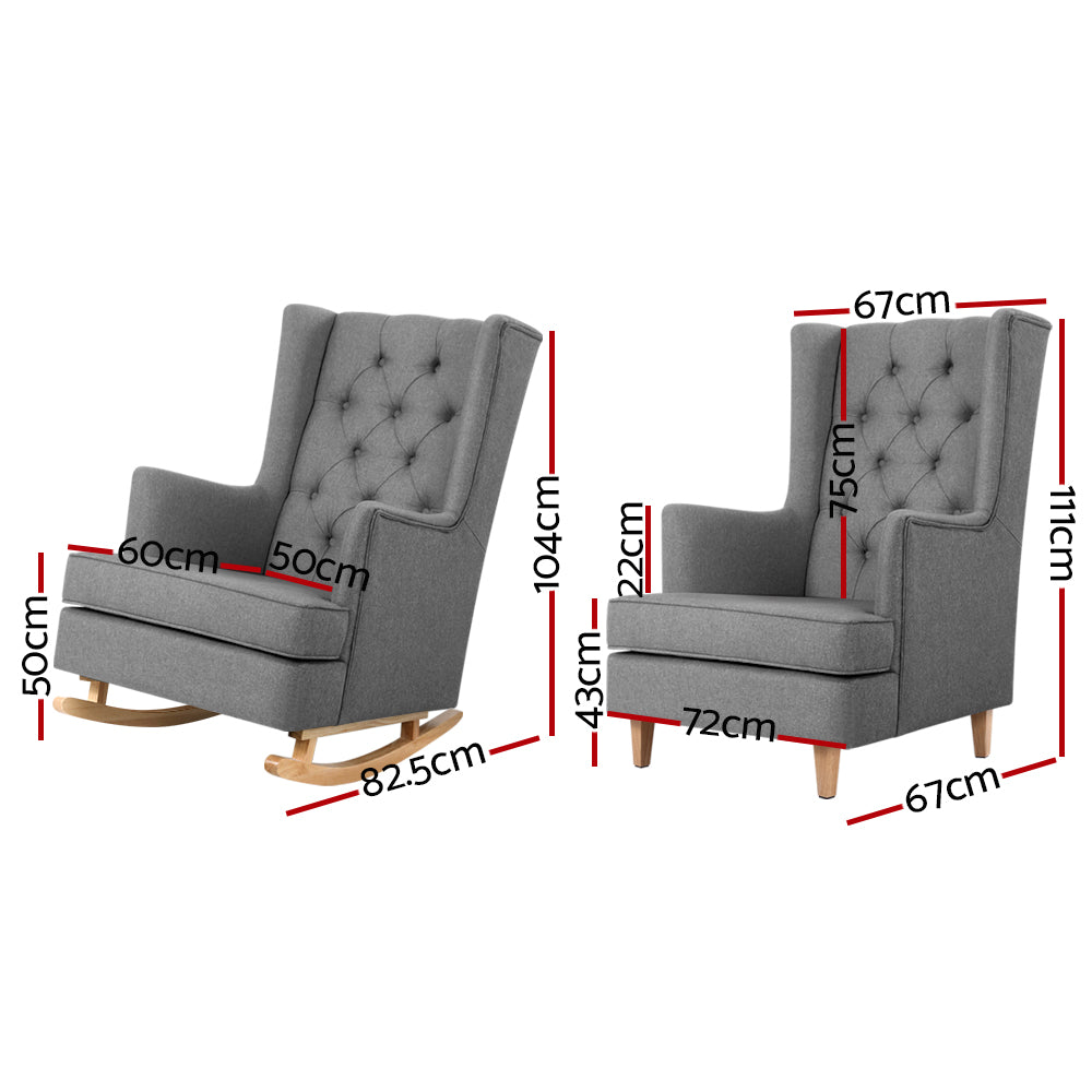 Artiss Rocking Armchair Feeding Chair Linen Fabric Armchairs Lounge Retro Grey Artiss