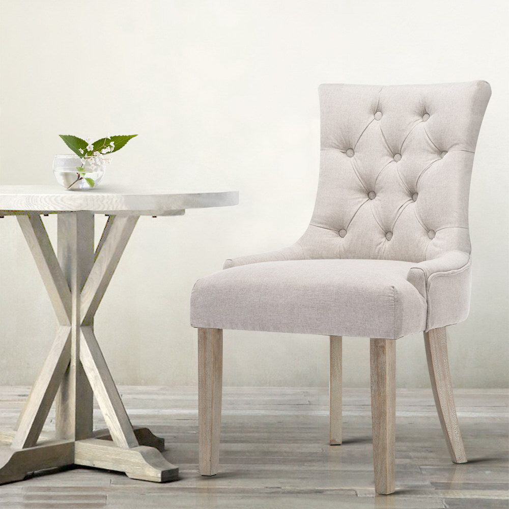 Artiss 2x Dining Chair Beige CAYES French Provincial Chairs Wooden Fabric Retro Cafe freeshipping - Awezingly