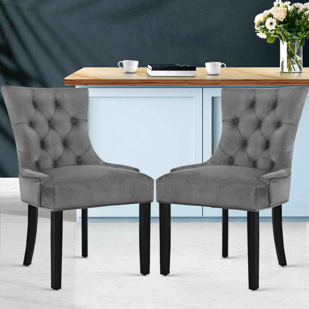 Artiss 2x Dining Chairs French Provincial Retro Chair Wooden Velvet Fabric Grey freeshipping - Awezingly