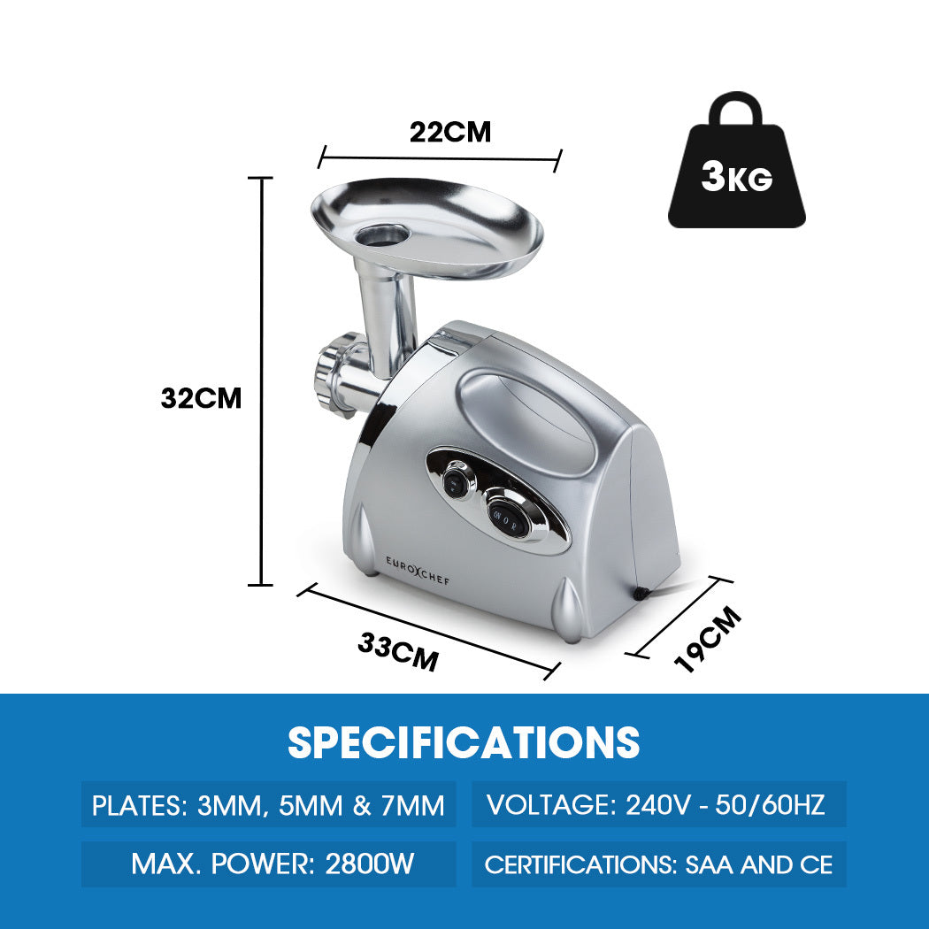 EuroChef 2800W Electric Meat Grinder Mincer Sausage Filler Kibbe Maker EuroChef