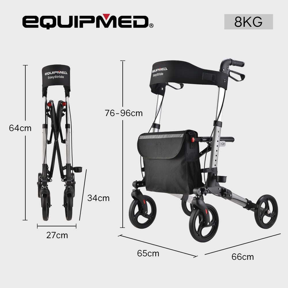 EQUIPMED Foldable Aluminium Walking Frame Rollator with Bag and Seat, Silver EQUIPMED