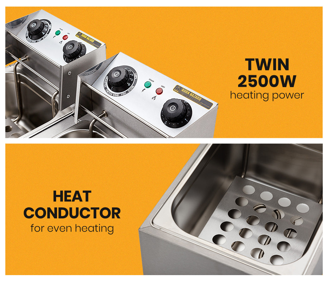 EuroChef Commercial Electric Deep Fryer Twin Frying Basket Chip Cooker Fry EuroChef