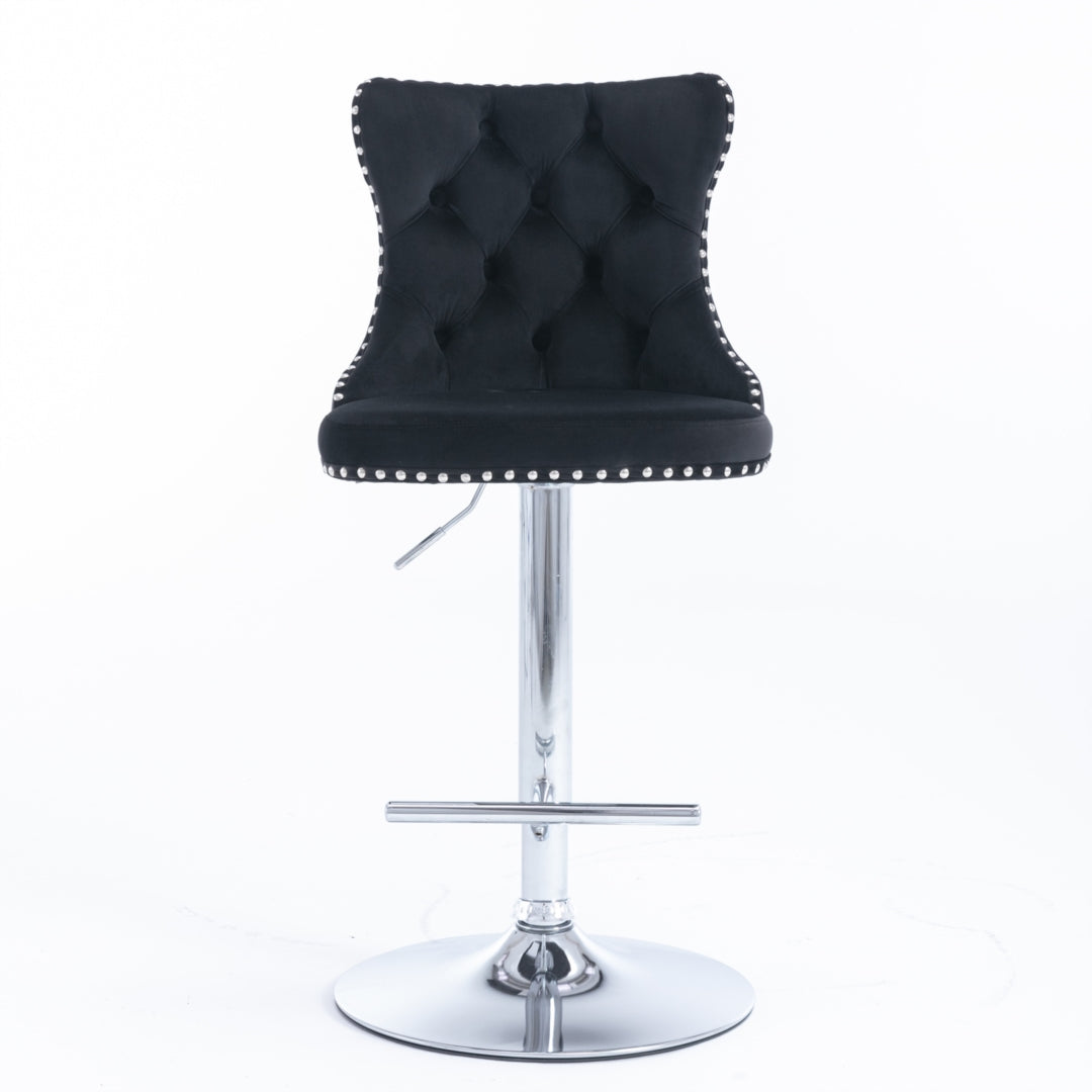 2x Height Adjustable Swivel Bar Stool Velvet Studs Barstool with Footrest and Chromed Base- Black Artiss