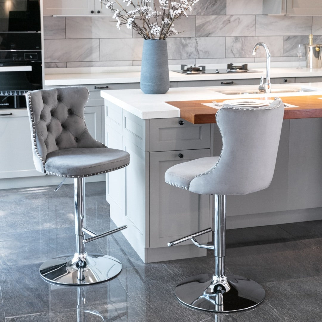2x Height Adjustable Swivel Bar Stool Velvet Stud Barstool with Footrest and Chromed Base- Gray Does not apply
