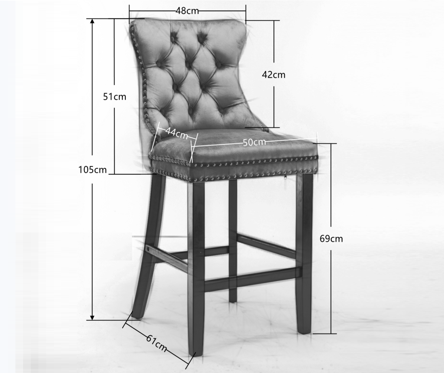2X Velvet Bar Stools with Studs Trim Wooden Legs Tufted Dining Chairs Kitchen - Black Does not apply